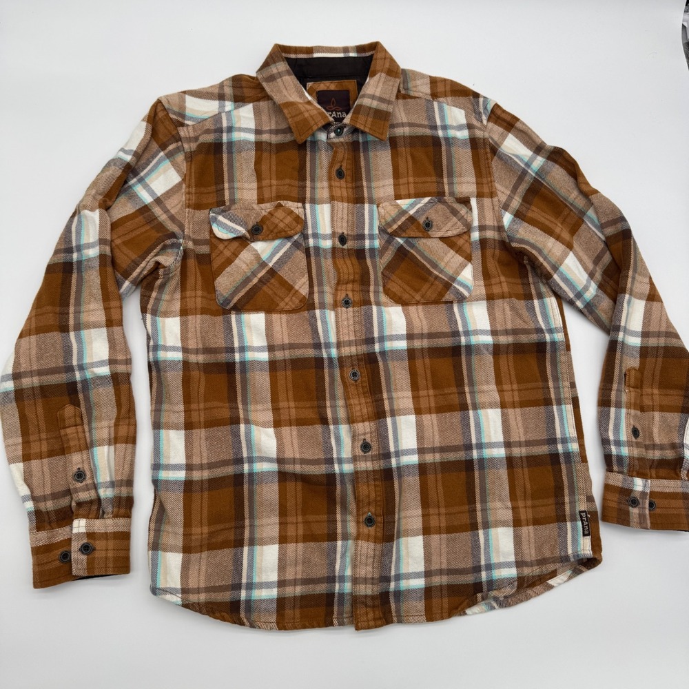 Prana Men Flannel Shirt Brown Plaid Long Sleeve Button Up Organic Cotton Medium